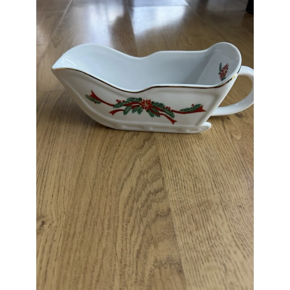 Vintage Christmas Gravy Boat Large  Sleigh Holiday Porcelain Fine China